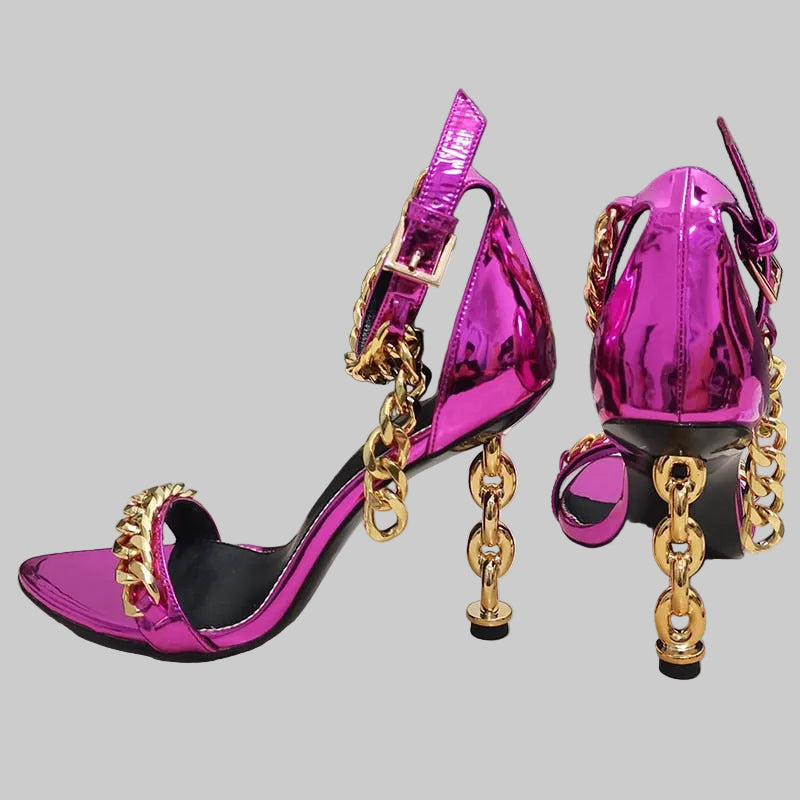 Genuine Leather Gold Chain Heeled Sandals