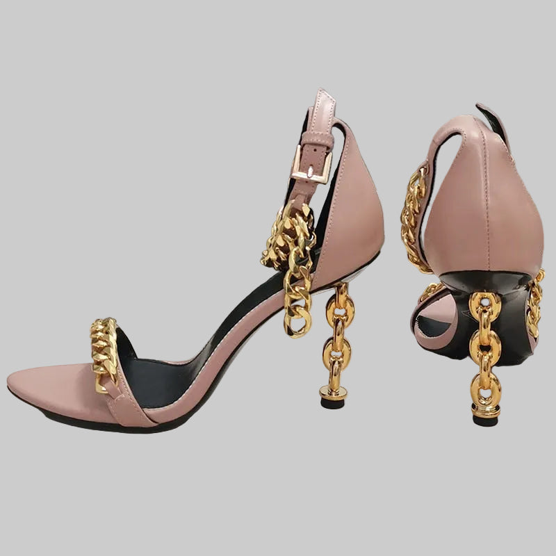 Genuine Leather Gold Chain Heeled Sandals