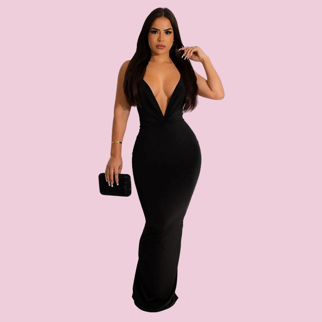 Sleeveless Pleated V-Neck Long Dress