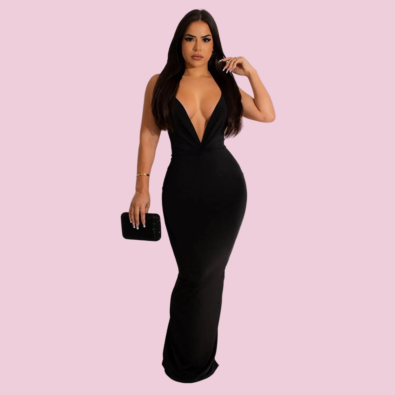 Sleeveless Pleated V-Neck Long Dress