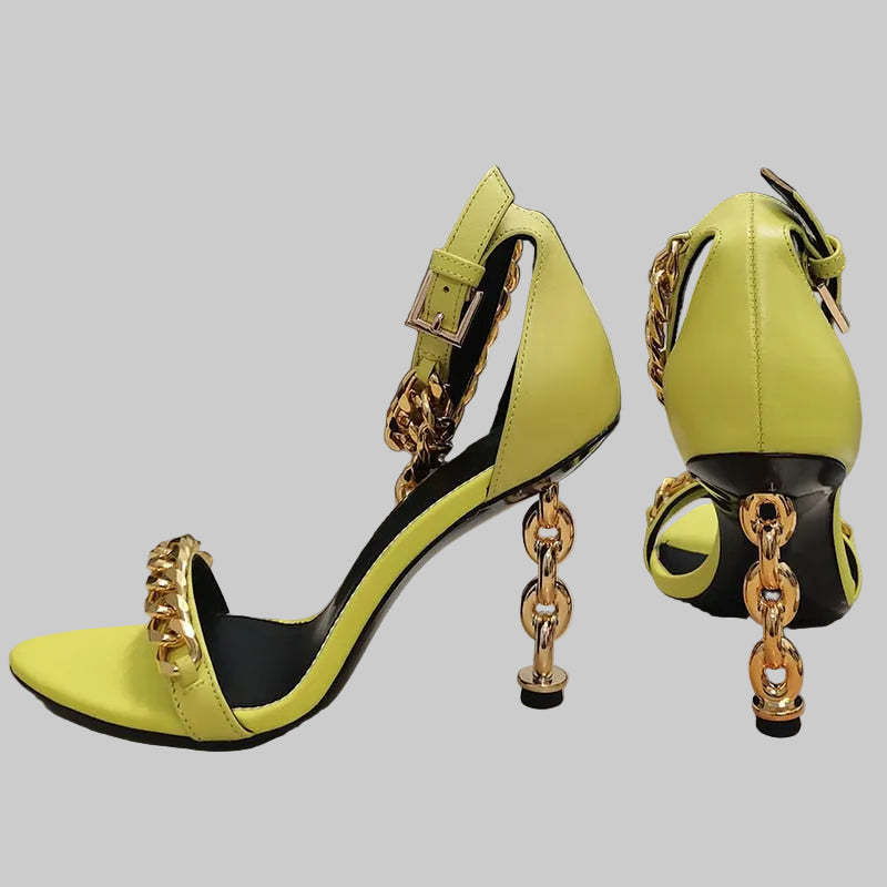 Genuine Leather Gold Chain Heeled Sandals