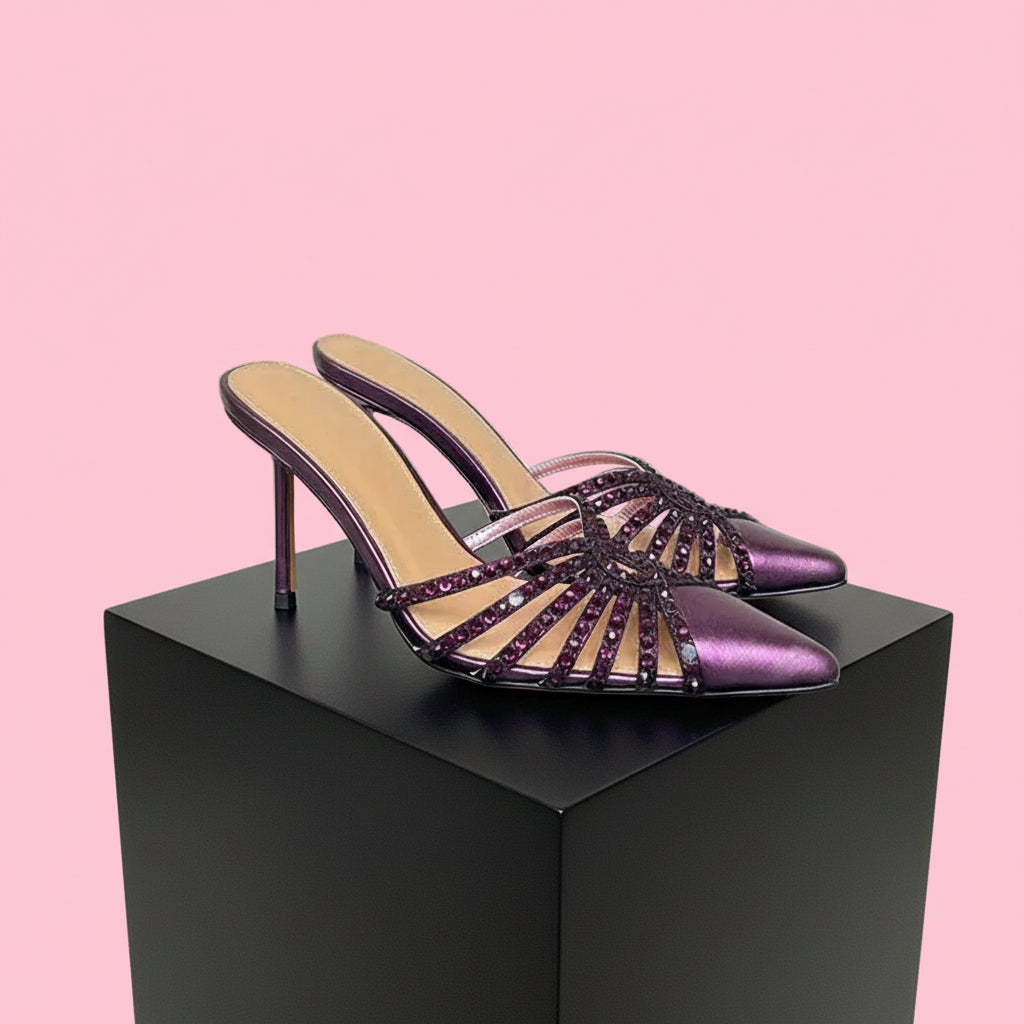 Satin Pointed Toe High Heel Stiletto Slippers with Rhinestones