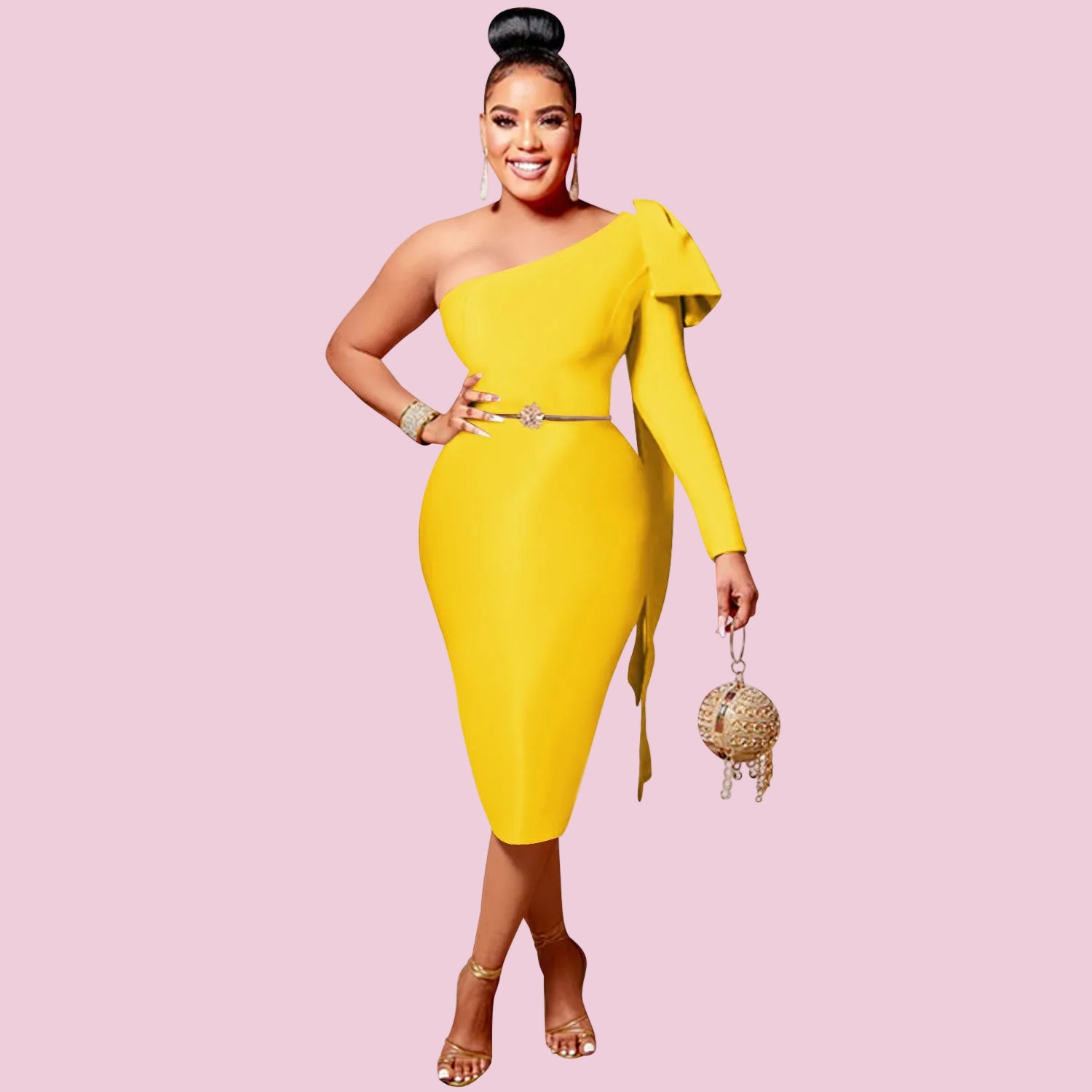 Single Long Sleeve Dress with Asymmetrical Neckline and Bow Ribbon Detail