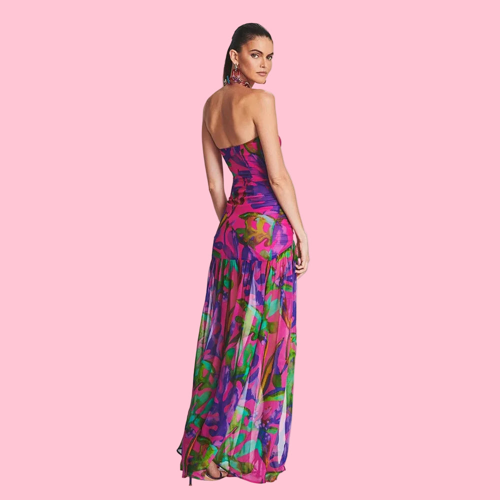 Strapless Floral Printed Split Maxi Dress