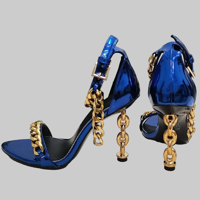 Genuine Leather Gold Chain Heeled Sandals