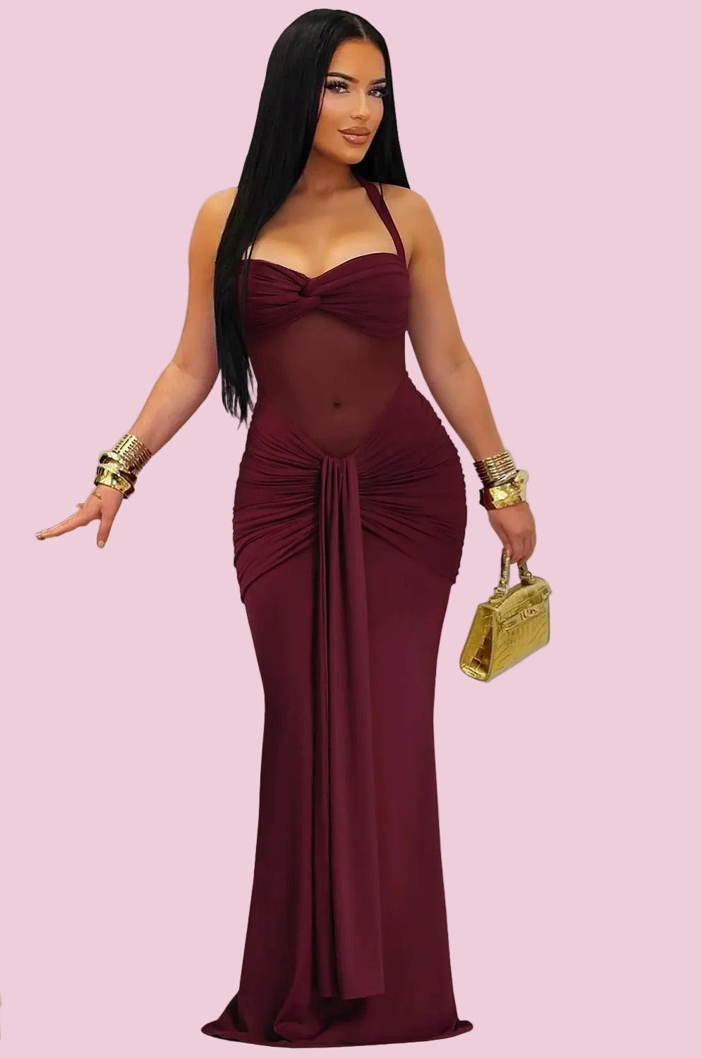 Sheer Mesh Halter Tie-Back Dress