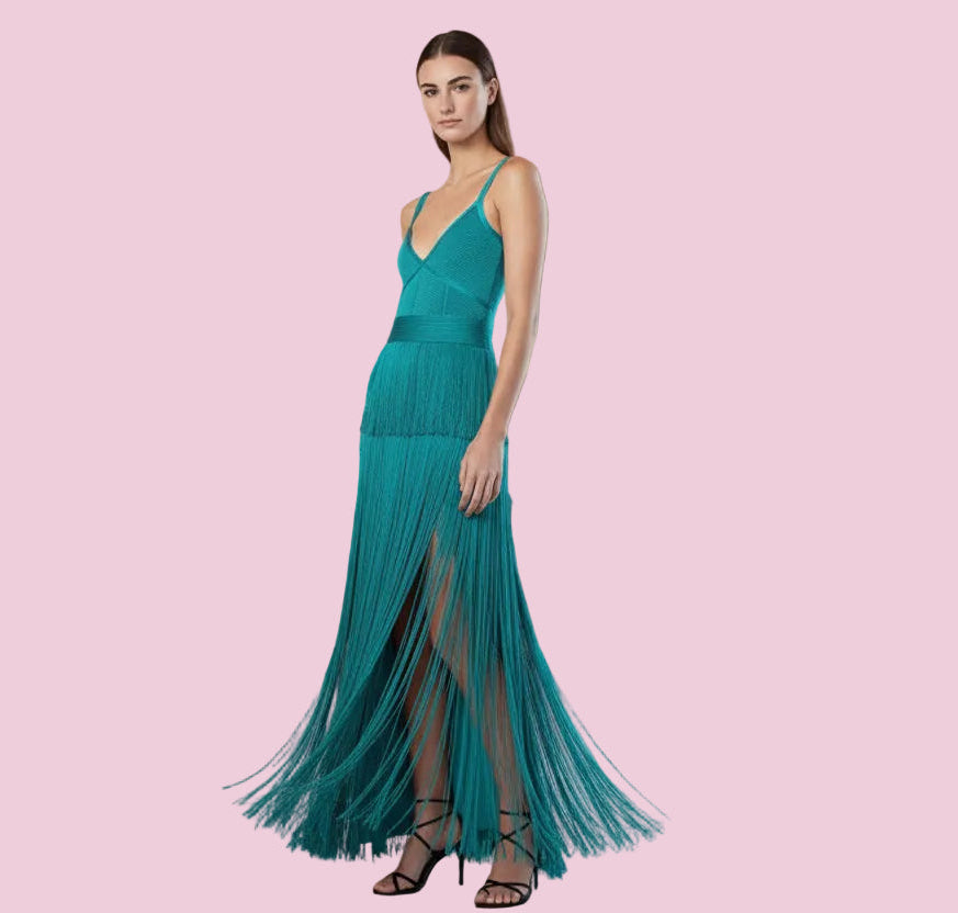 V-Neck Long Bandage Dress With Tassels