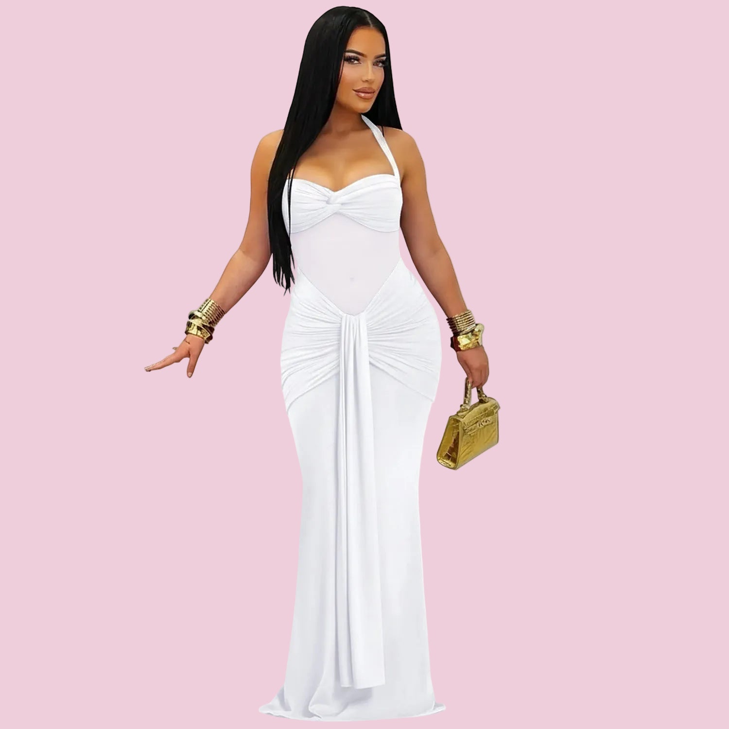 Sheer Mesh Halter Tie-Back Dress