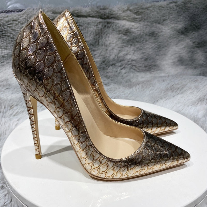 Shiny Gold Crocodile Effect  Stiletto High Heeled Pumps