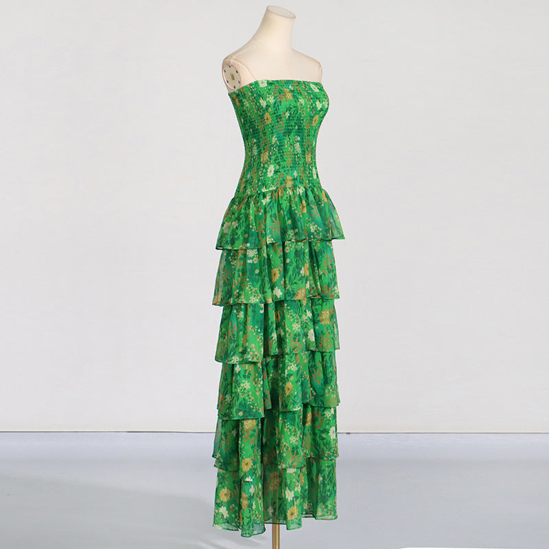 Style Strapless Long Dress with Ruffle Hem French High-End Chiffon Dress