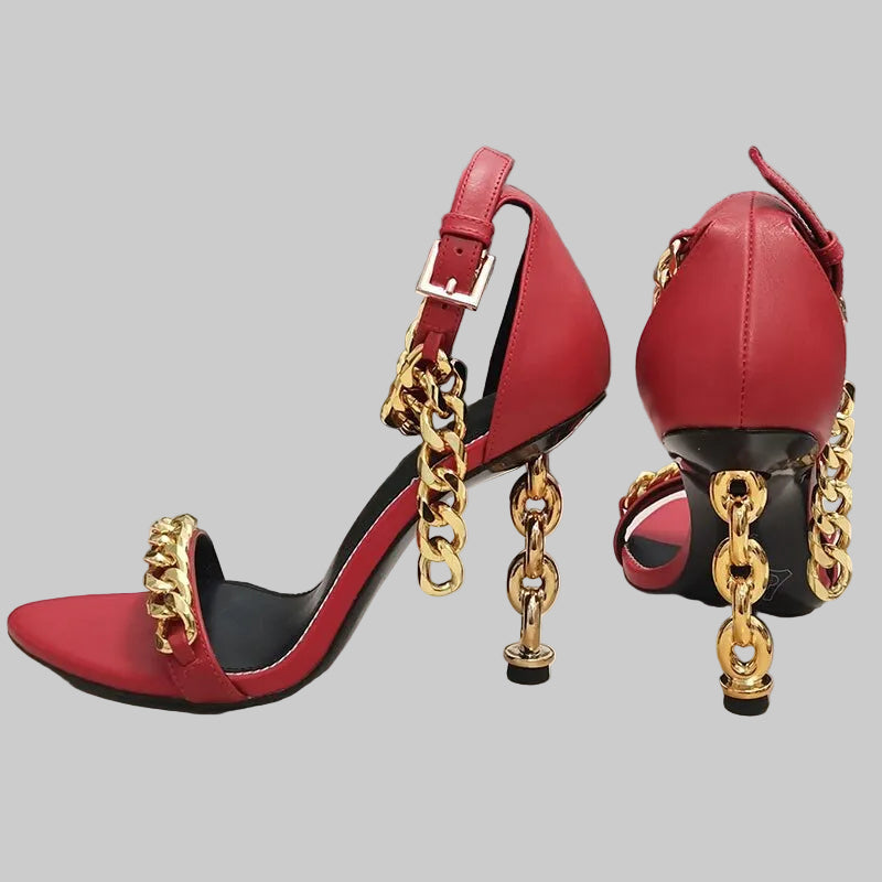 Genuine Leather Gold Chain Heeled Sandals