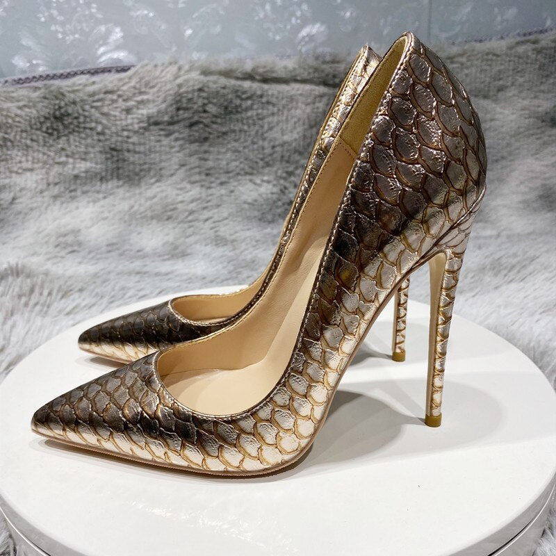 Shiny Gold Crocodile Effect  Stiletto High Heeled Pumps