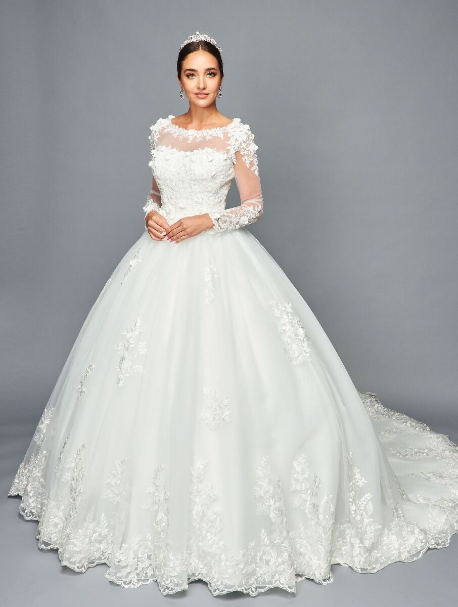 Embroidered Long Sleeve Wedding Dress - LADK469 - Ivory - Dresses LA Merchandise