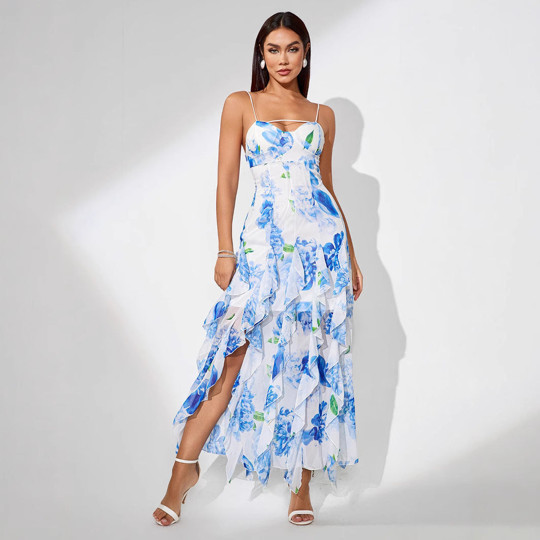 Flowy Off-the-Shoulder Ruffled Maxi Dress With Slit