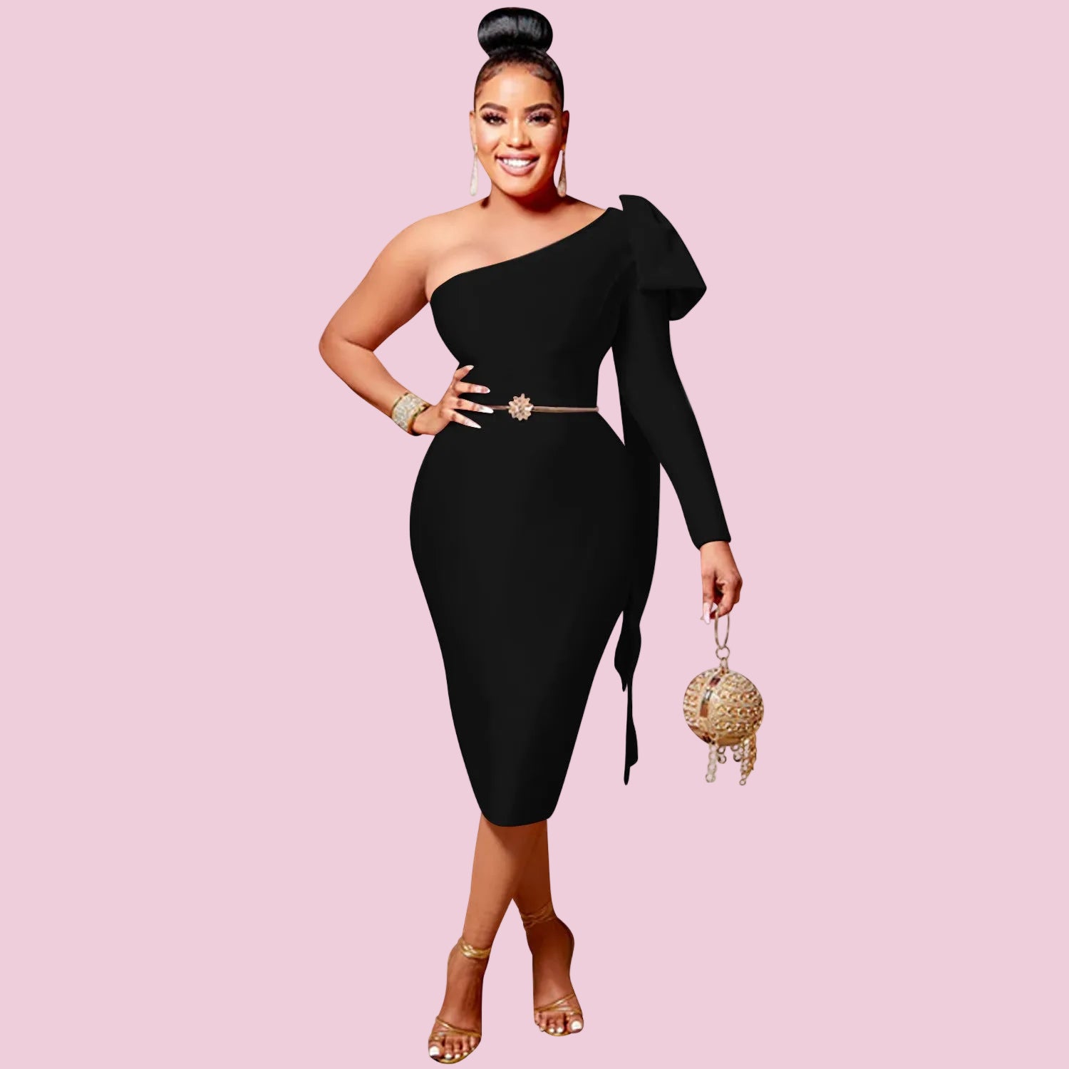 Single Long Sleeve Dress with Asymmetrical Neckline and Bow Ribbon Detail