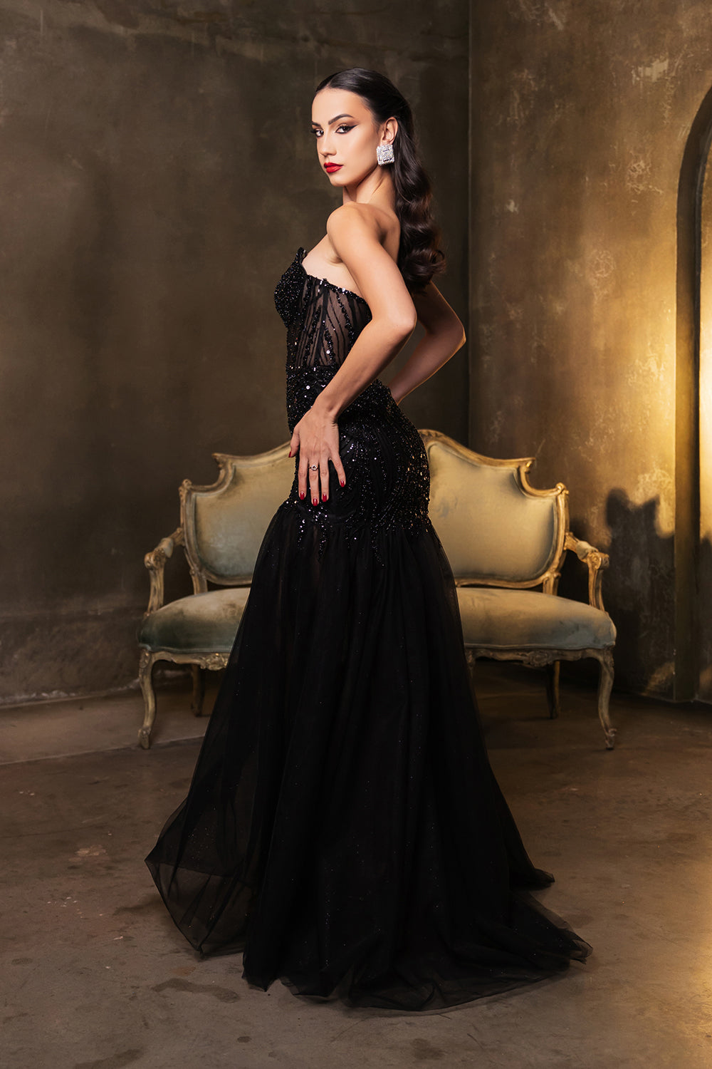 Strapless Illusion  Evening Gown with Beads and Sequins