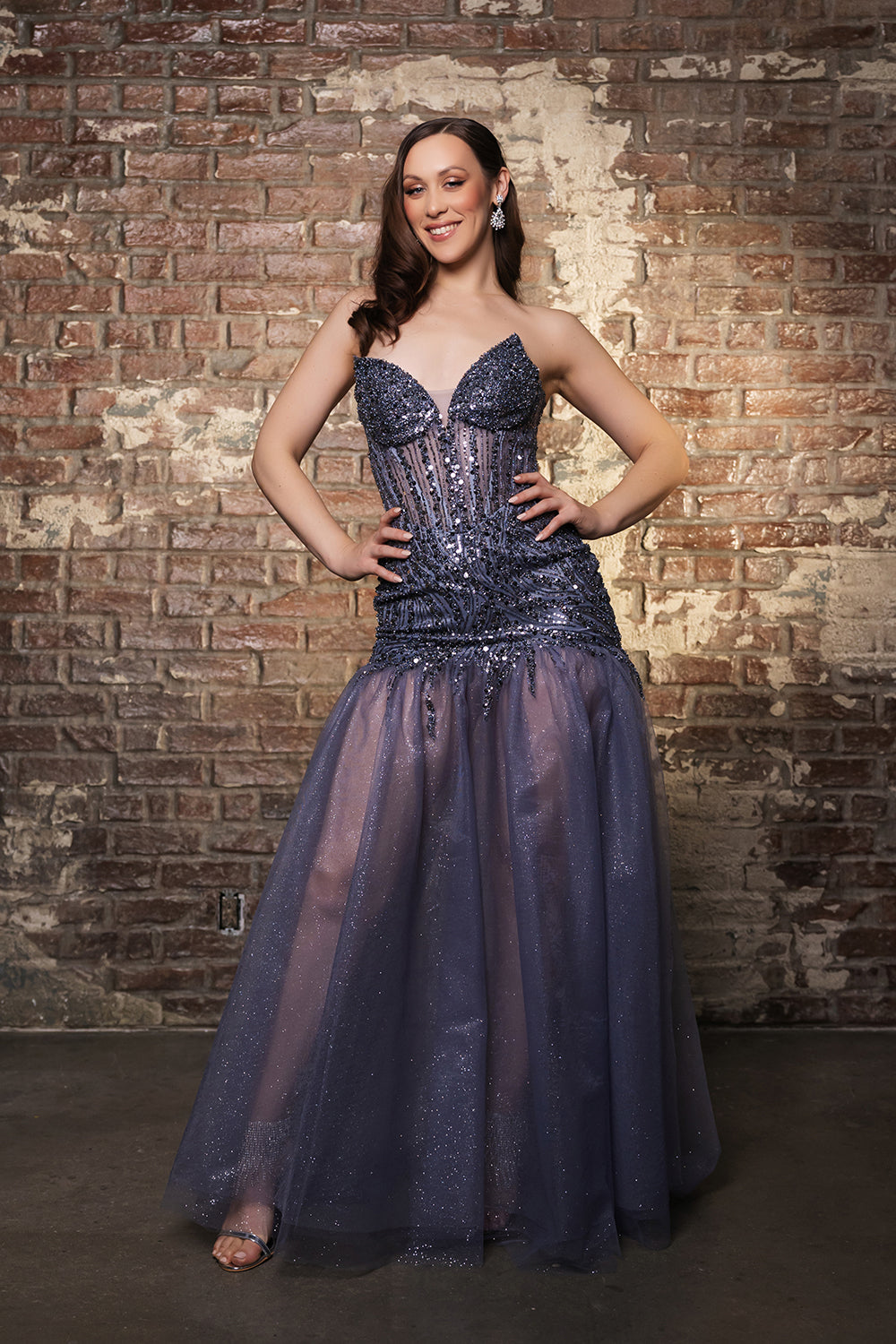 Strapless Illusion  Evening Gown with Beads and Sequins