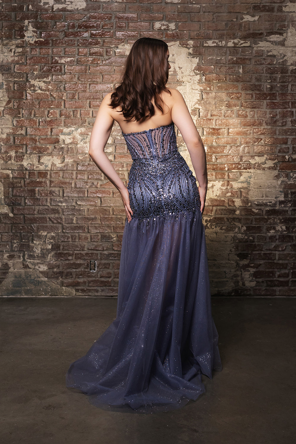 Strapless Illusion  Evening Gown with Beads and Sequins
