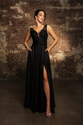 Evening Dress Plunging V-Neck High Slit
