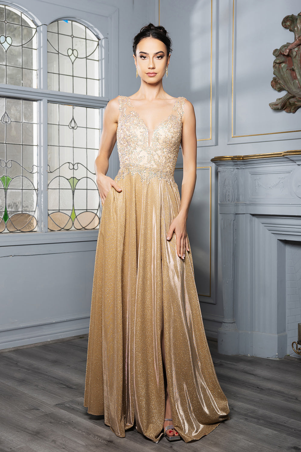 Evening Dress Plunging V-Neck High Slit