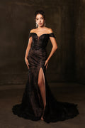 Off-Shoulder Embroidered High Slit Evening Gown with Train