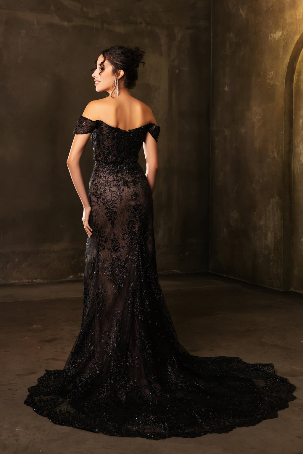 Off-Shoulder Embroidered High Slit Evening Gown with Train