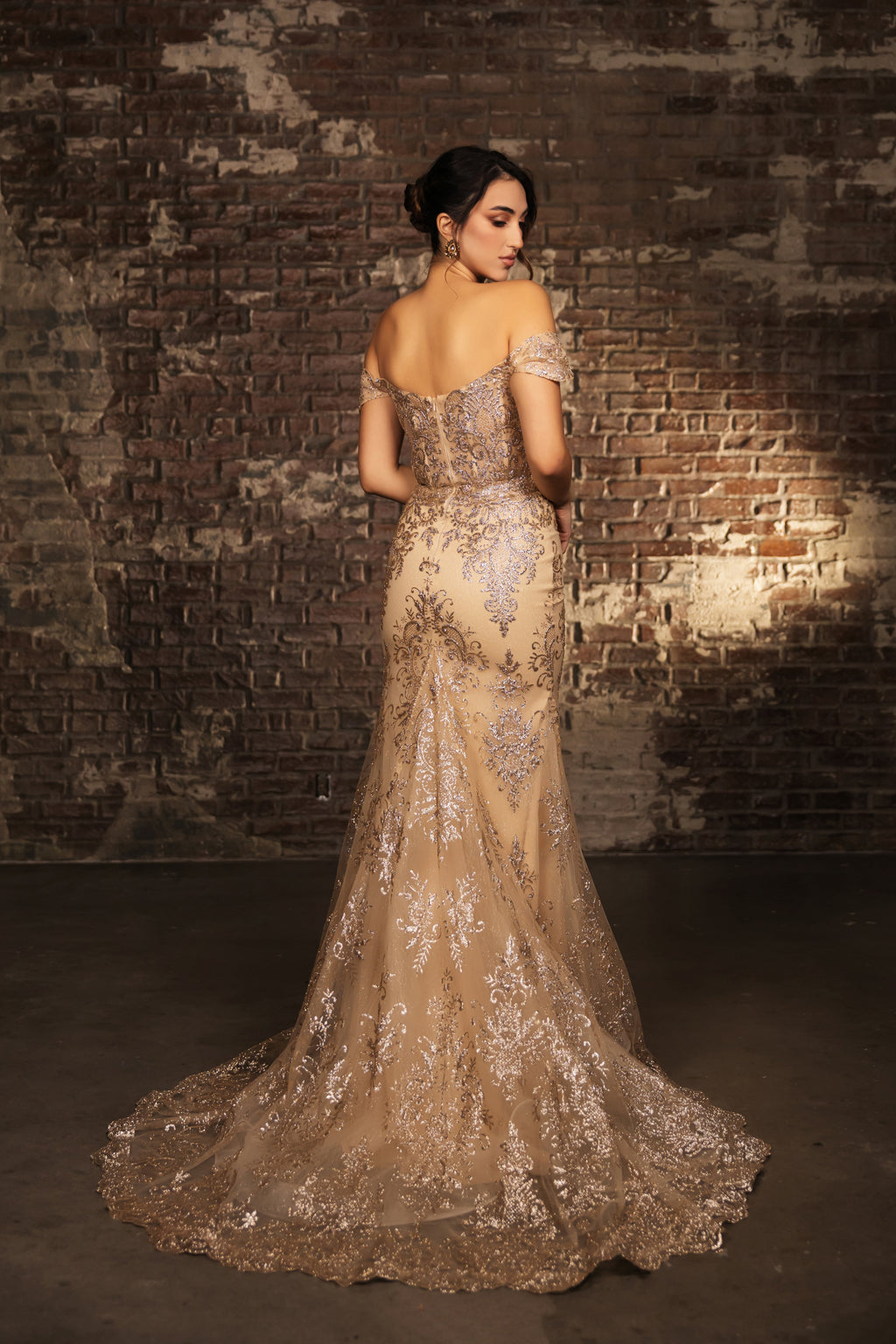 Off-Shoulder Embroidered High Slit Evening Gown with Train