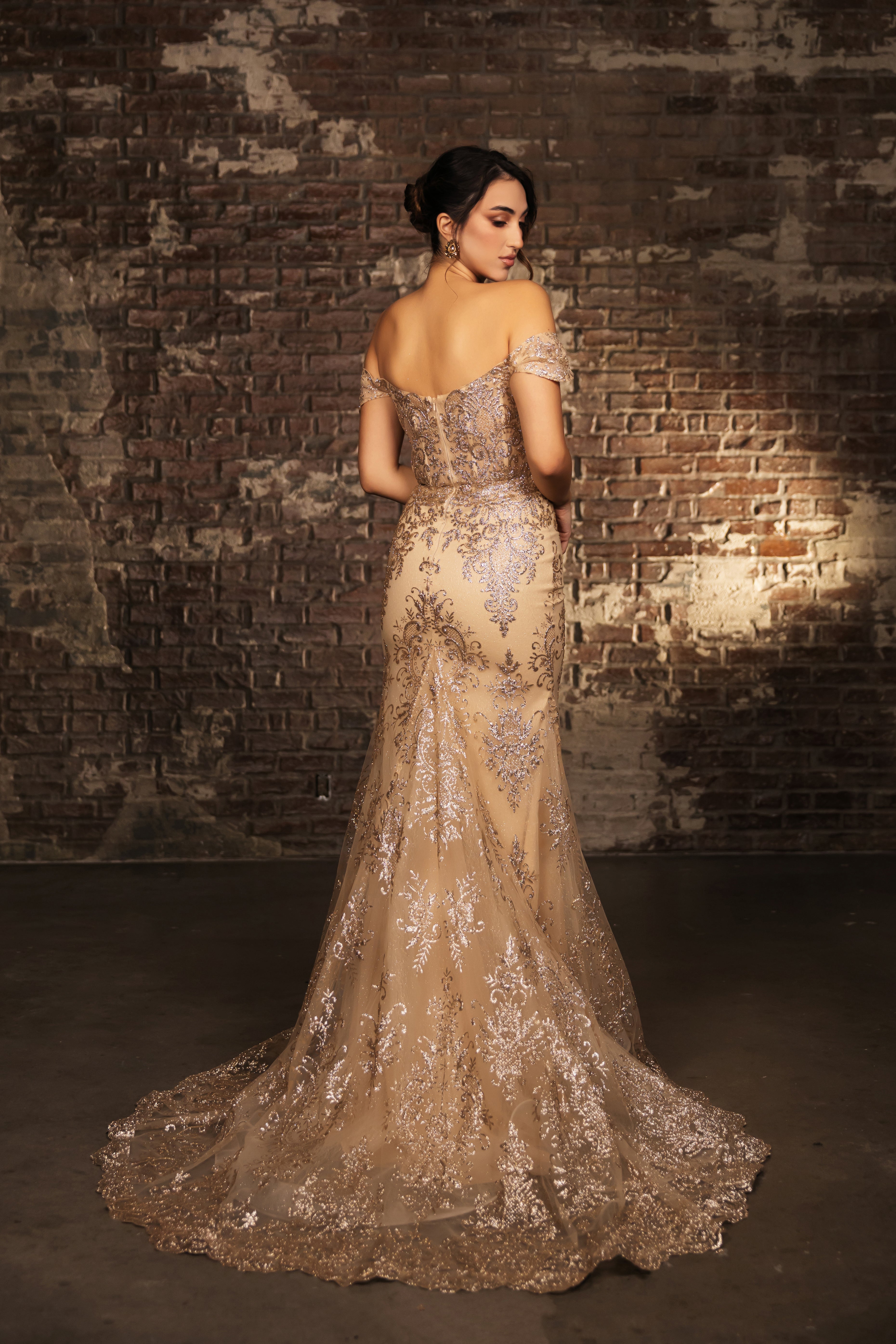 Off-Shoulder Embroidered High Slit Evening Gown with Train