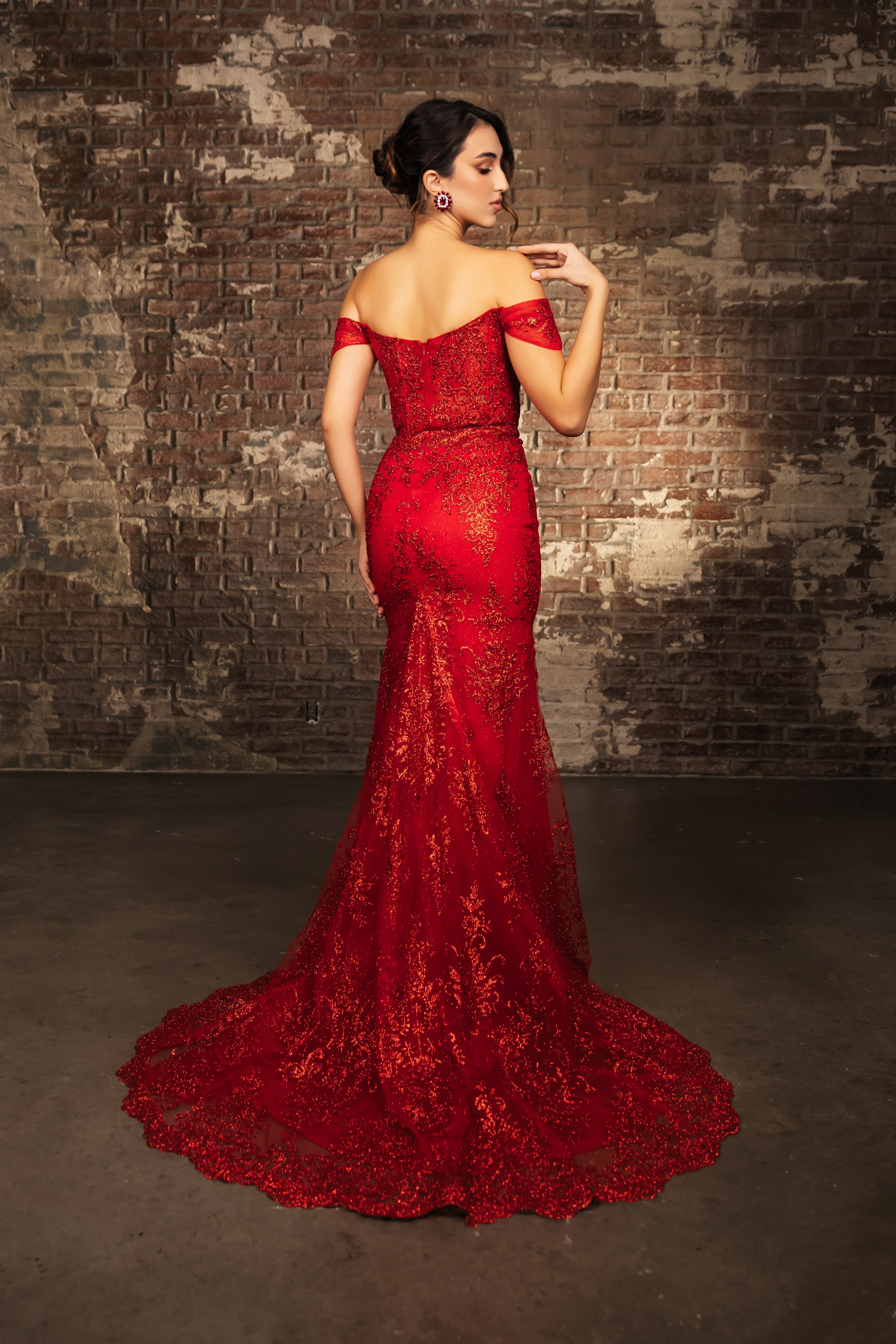 Off-Shoulder Embroidered High Slit Evening Gown with Train