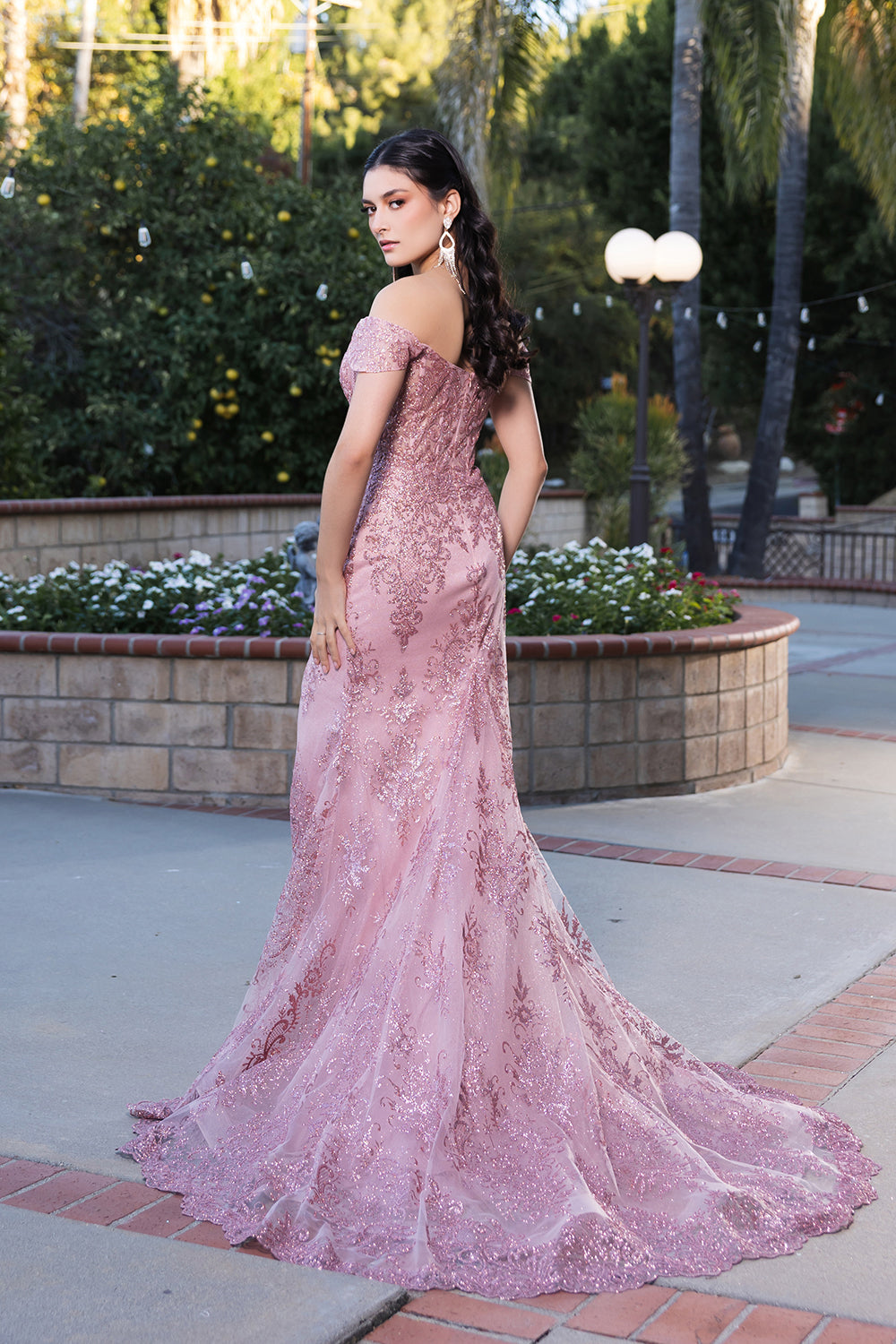 Off-Shoulder Embroidered High Slit Evening Gown with Train