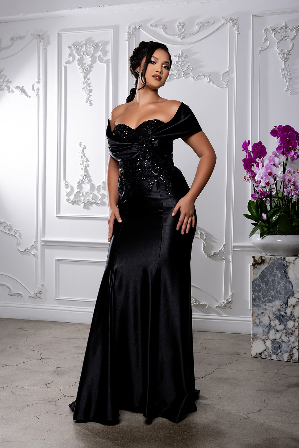 Satin Evening Gown with Lace Appliqué & Sweep Train