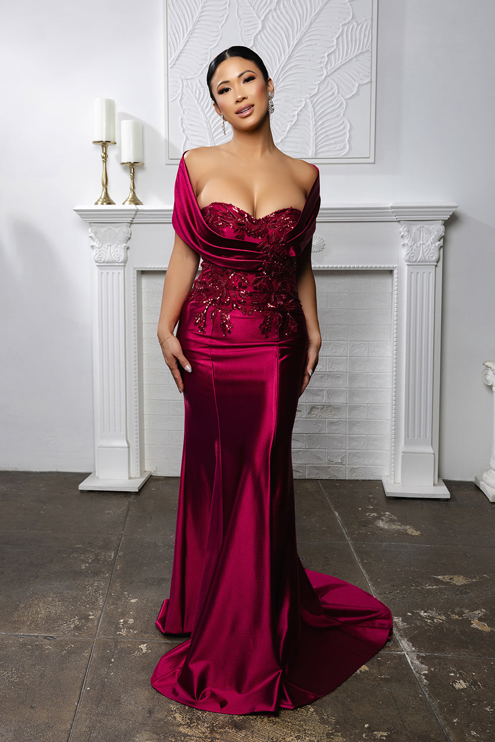 Off Shoulder Satin Mermaid Evening Gown with Beaded Lace Appliqué