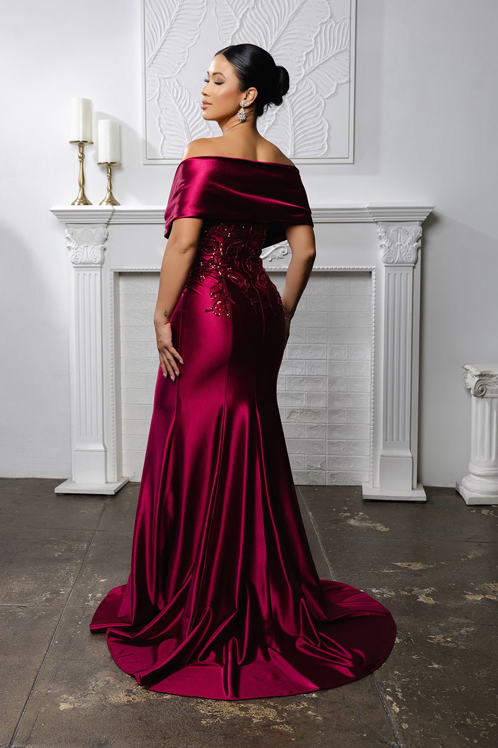 Off Shoulder Satin Mermaid Evening Gown with Beaded Lace Appliqué