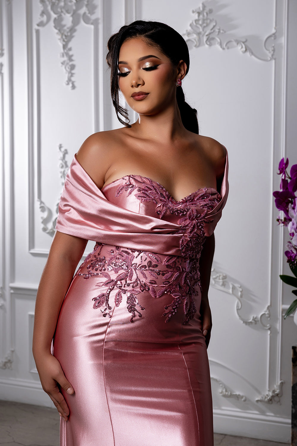 Off Shoulder Satin Mermaid Evening Gown with Beaded Lace Appliqué