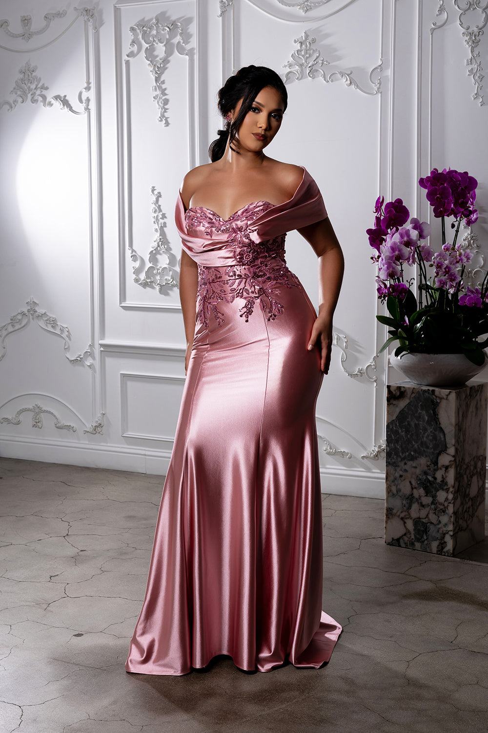 Satin Evening Gown with Lace Appliqué & Sweep Train