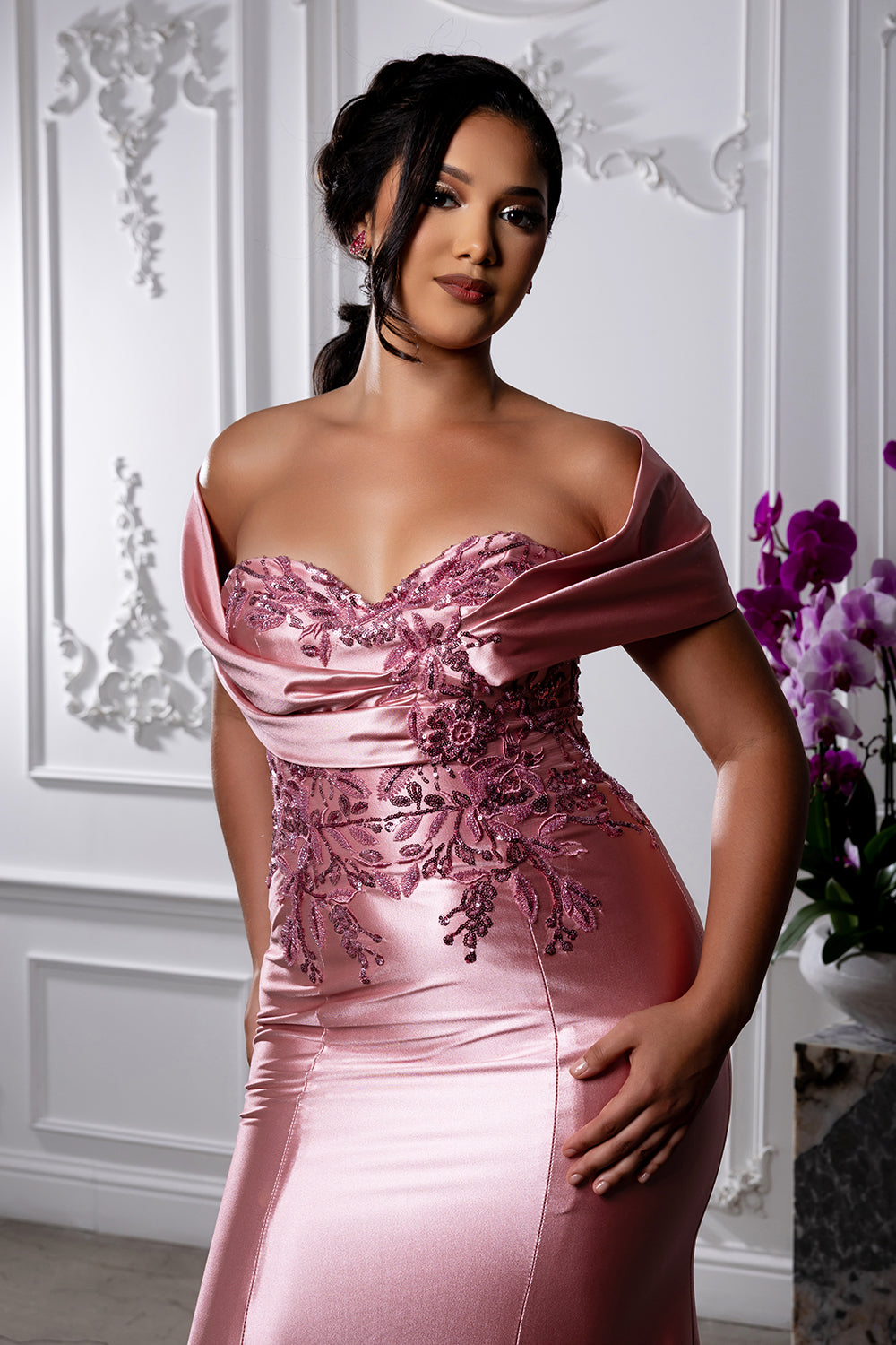 Satin Evening Gown with Lace Appliqué & Sweep Train
