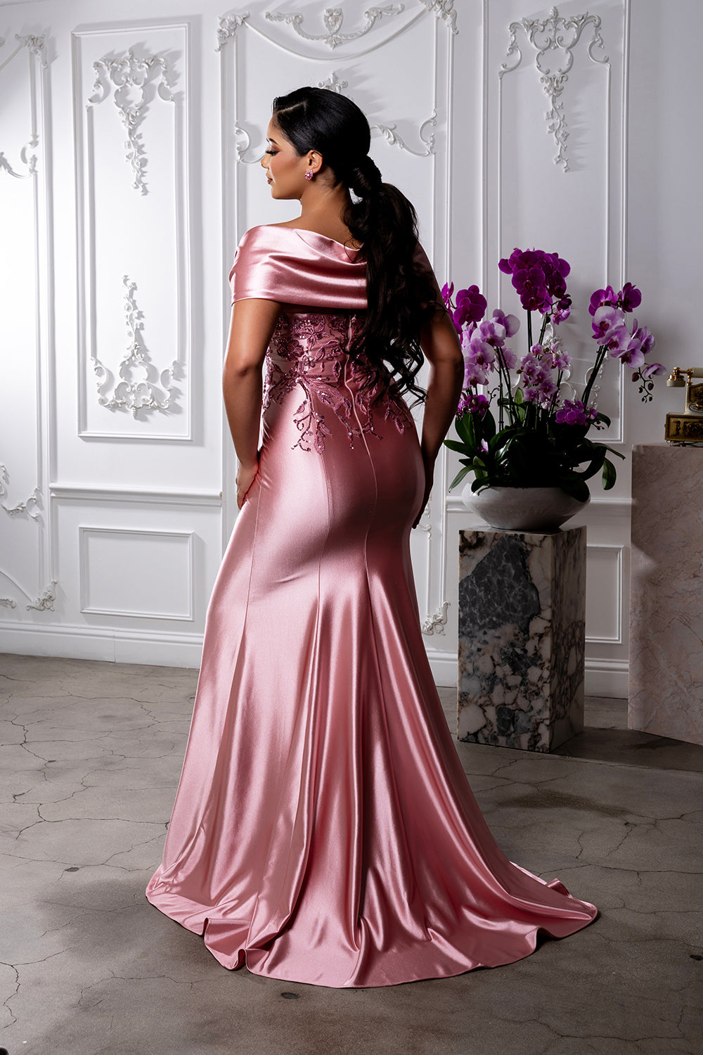 Off Shoulder Satin Mermaid Evening Gown with Beaded Lace Appliqué