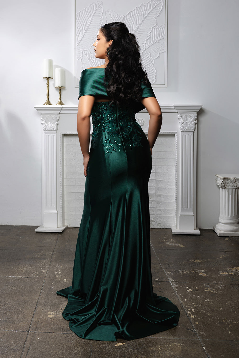 Off Shoulder Satin Mermaid Evening Gown with Beaded Lace Appliqué