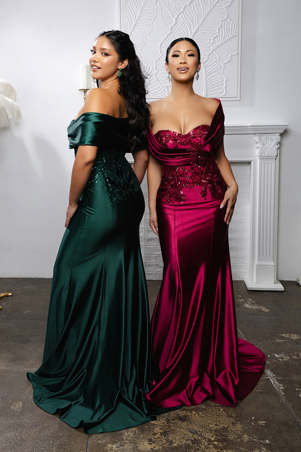 Off Shoulder Satin Mermaid Evening Gown with Beaded Lace Appliqué