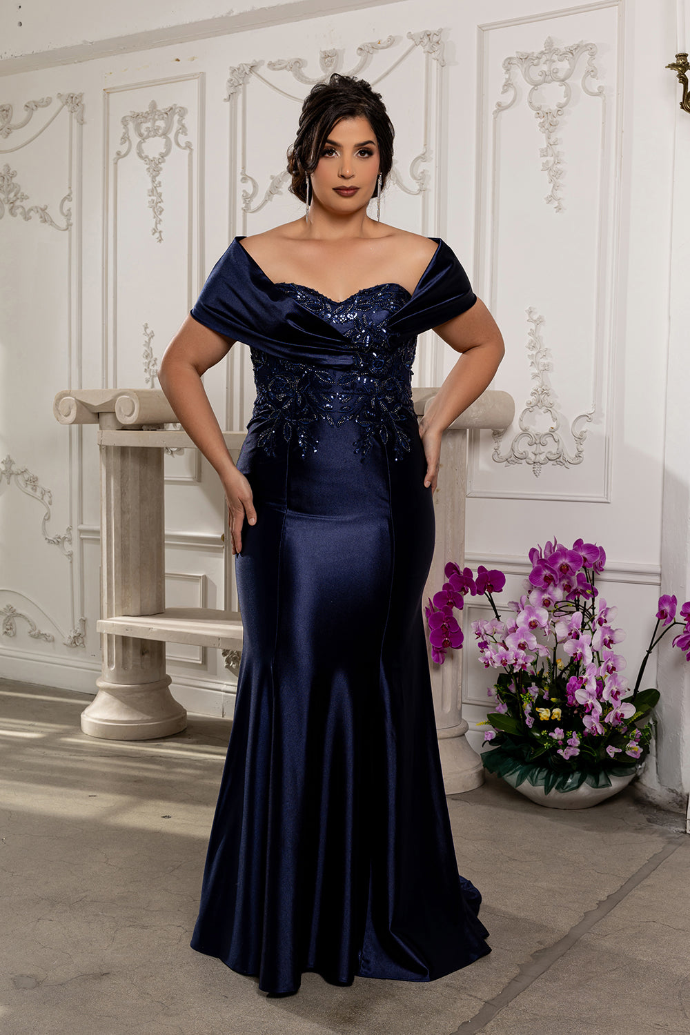 Off Shoulder Satin Mermaid Evening Gown with Beaded Lace Appliqué
