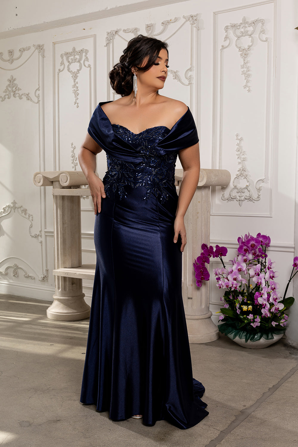 Satin Evening Gown with Lace Appliqué & Sweep Train