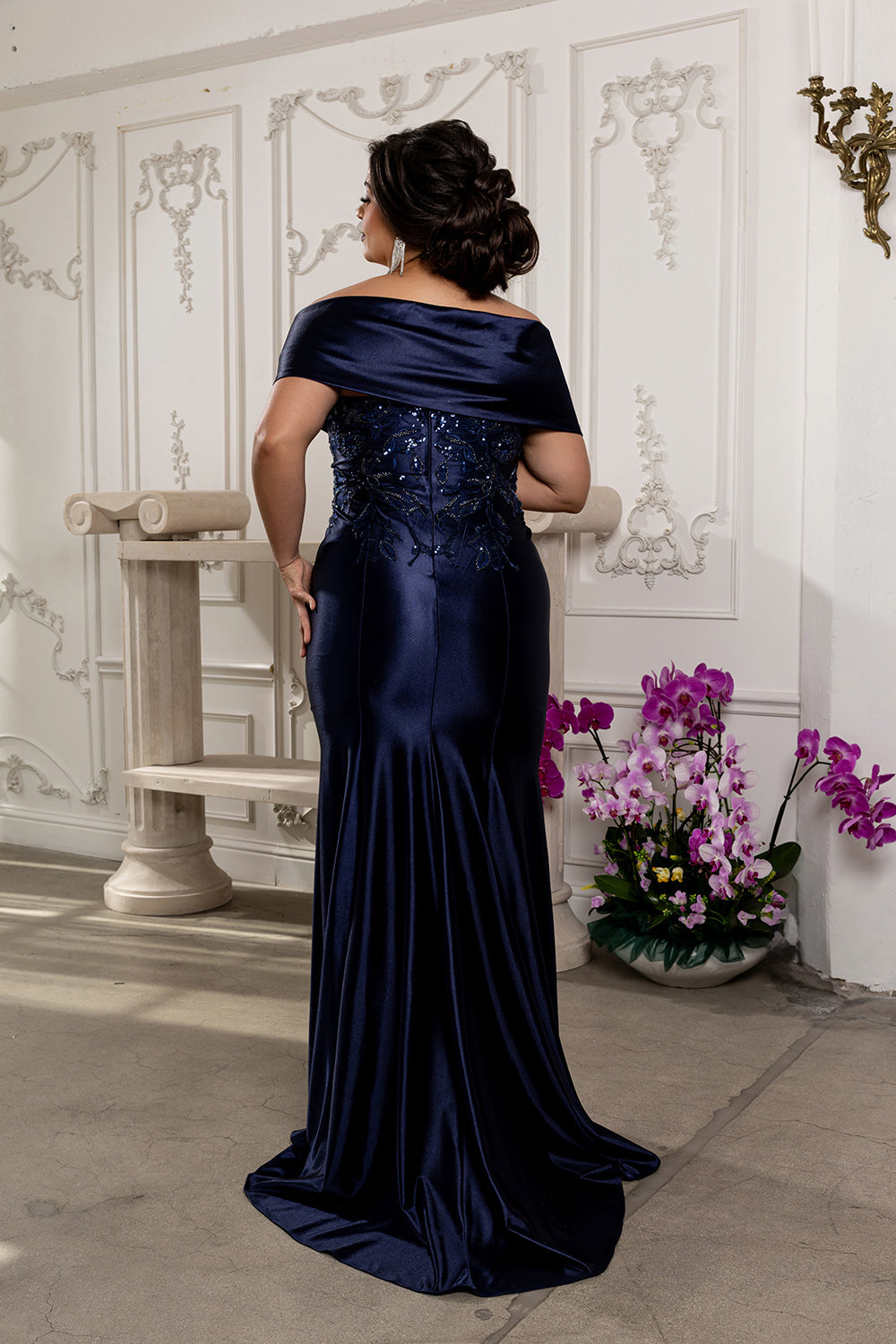 Satin Evening Gown with Lace Appliqué & Sweep Train