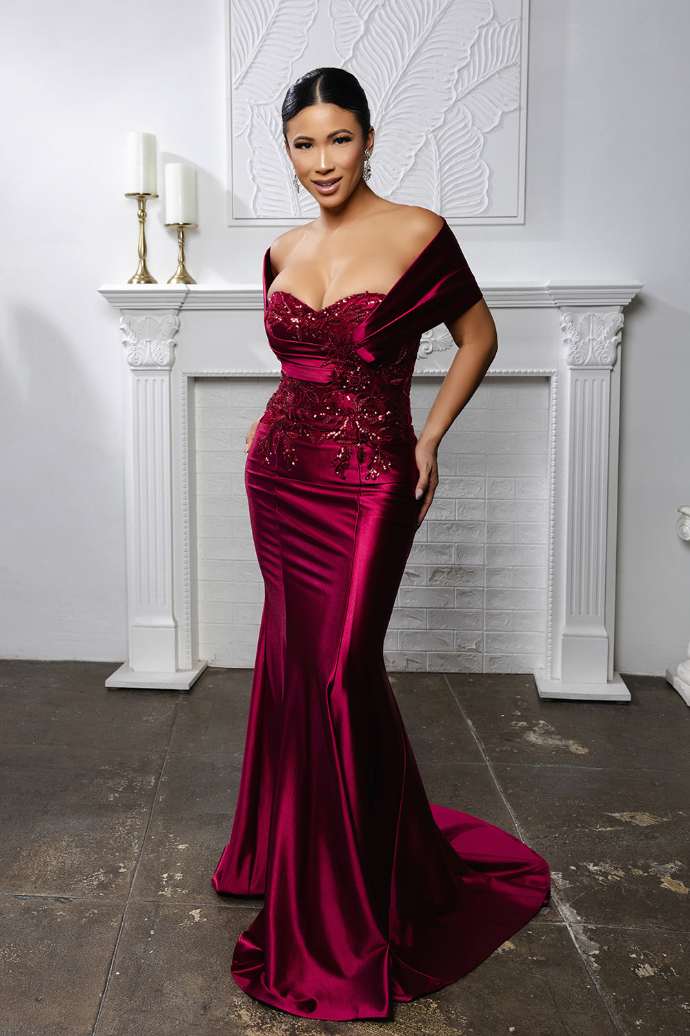 Satin Evening Gown with Lace Appliqué & Sweep Train