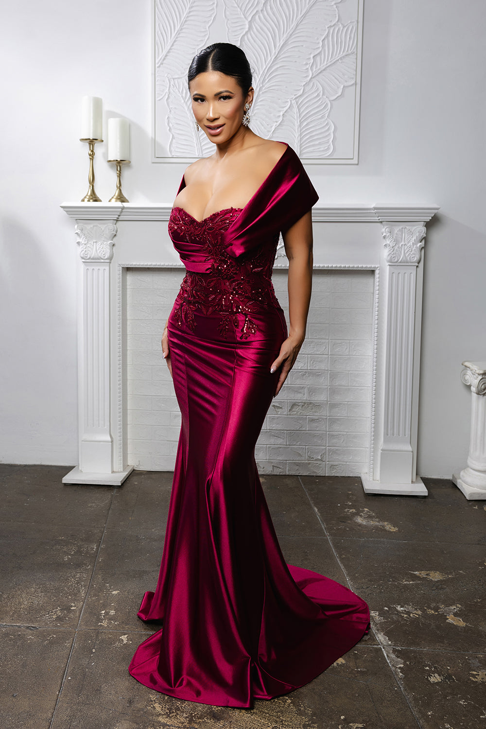 Satin Evening Gown with Lace Appliqué & Sweep Train