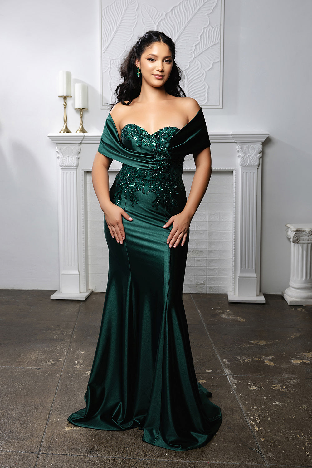 Satin Evening Gown with Lace Appliqué & Sweep Train