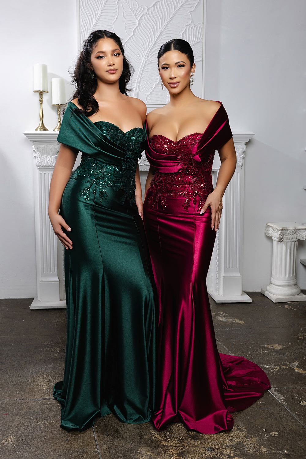 Satin Evening Gown with Lace Appliqué & Sweep Train