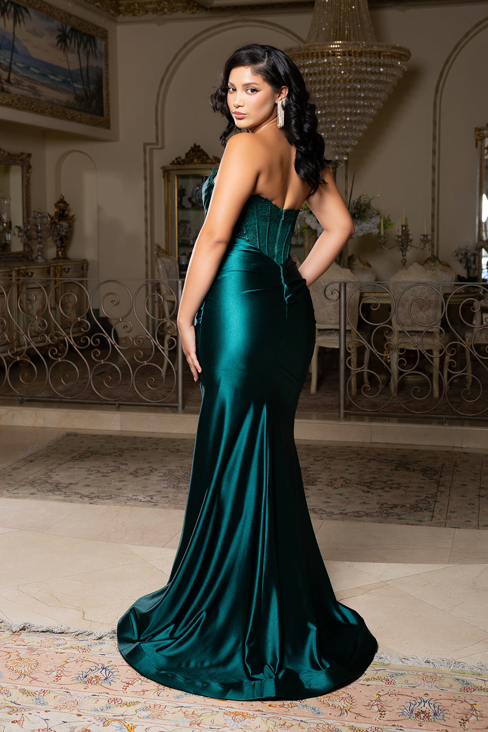 Strapless Satin Corset Mermaid Evening Gown with Beaded Bodice