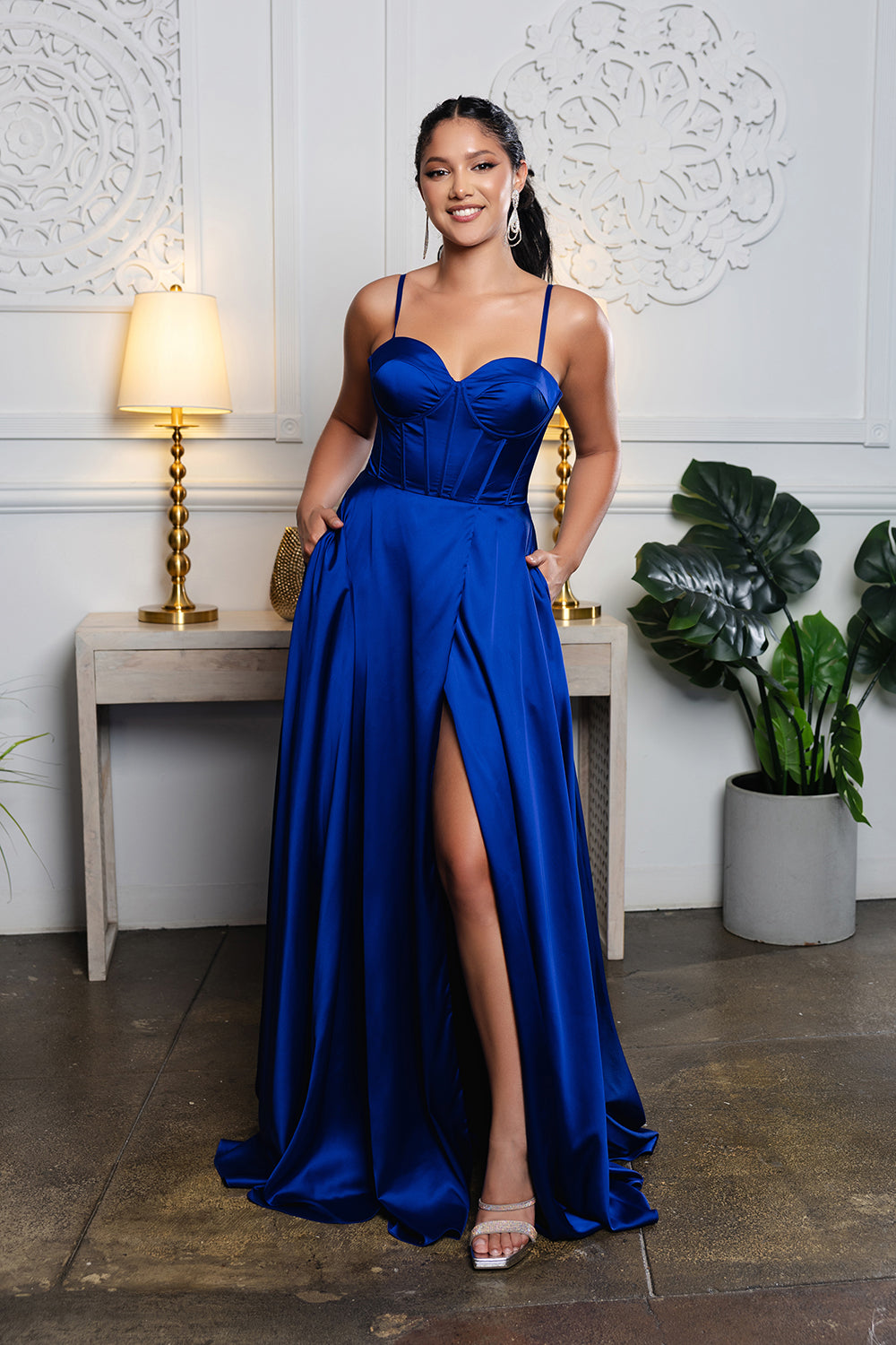 Satin Corset Bodice Evening Gown with Spaghetti Straps Lace-Up Back