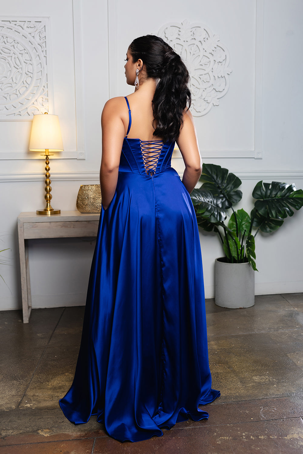 Satin Corset Bodice Evening Gown with Spaghetti Straps Lace-Up Back