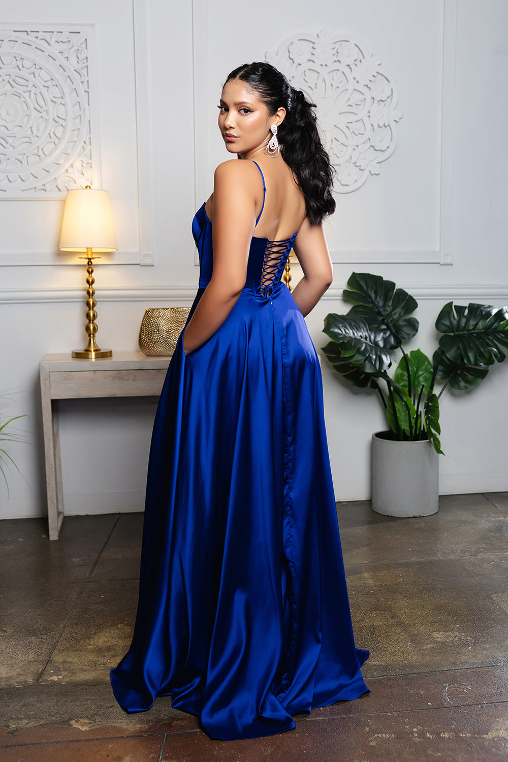 Satin Corset Bodice Evening Gown with Spaghetti Straps Lace-Up Back